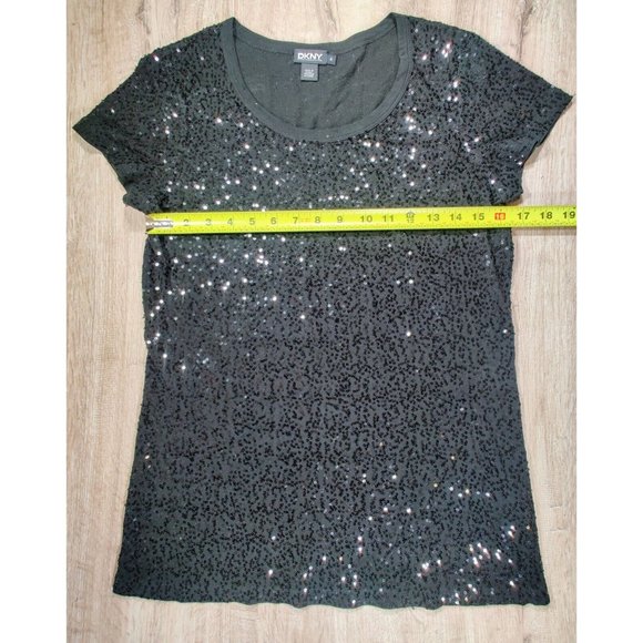 DKNY Sequined Short Sleeve Scoop Neck Shirt size M, Black - Picture 4 of 5